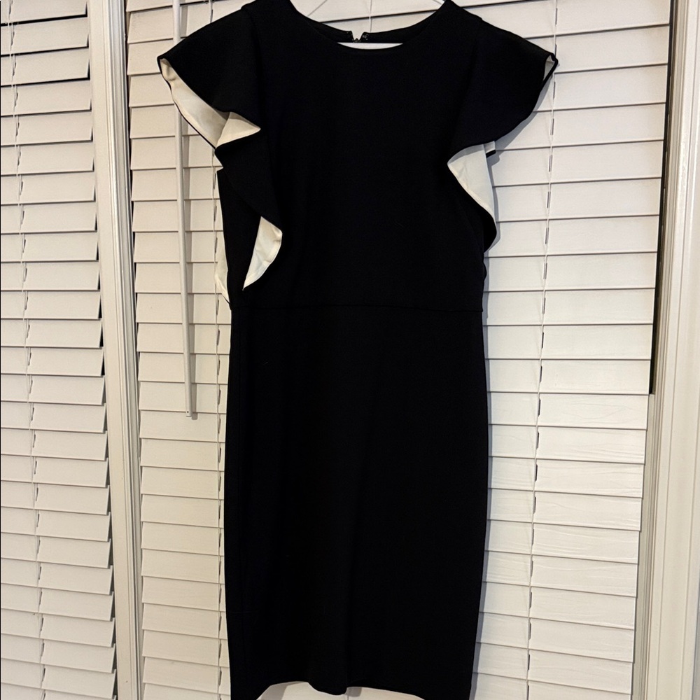 Ann Taylor Black Midi Dress with Cream Ruffle Details